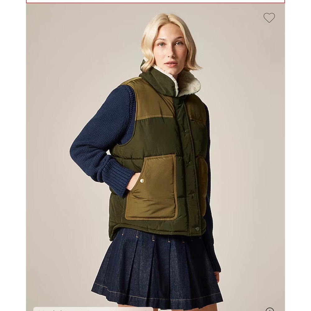 J.CREW Colorblock Puffer Vest with PrimaLoft Small Olive Green Khaki‎ NEW Sherpa